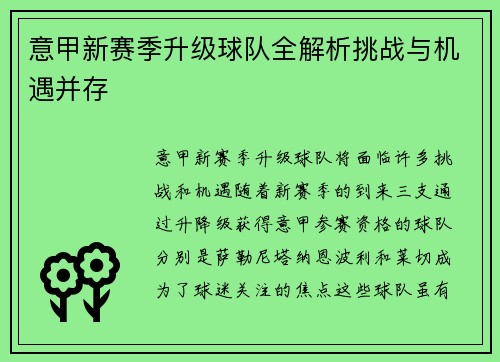 意甲新赛季升级球队全解析挑战与机遇并存