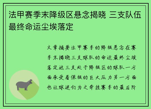 法甲赛季末降级区悬念揭晓 三支队伍最终命运尘埃落定