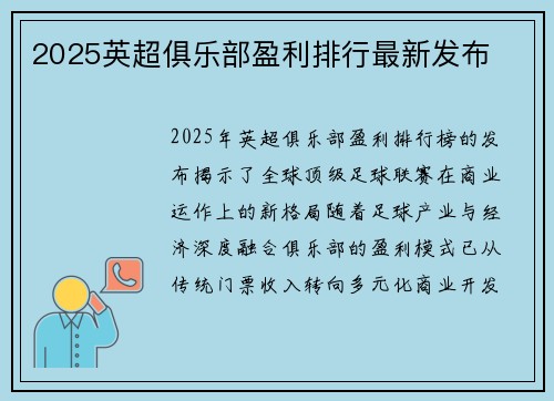 2025英超俱乐部盈利排行最新发布